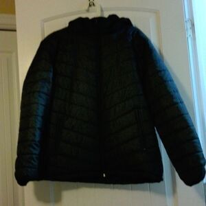 Tudor Court black puffer coat with removable hoodie. Size med.